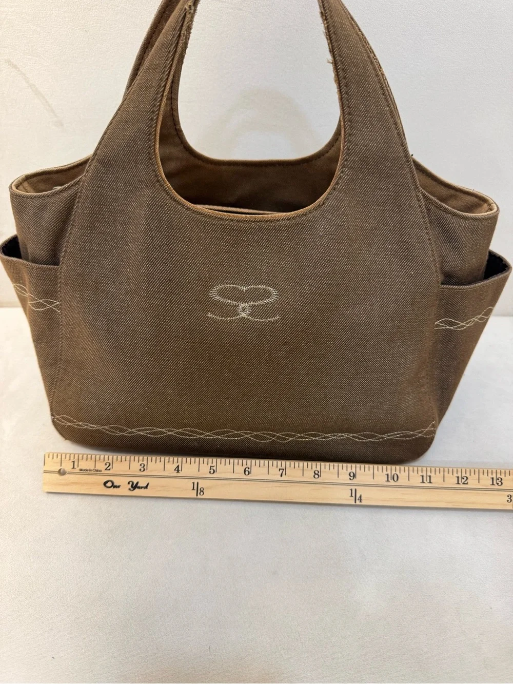 Savoy Denim Hand Bag with Gold Embroidered Logo & Pattern | Vintage Y2K Style